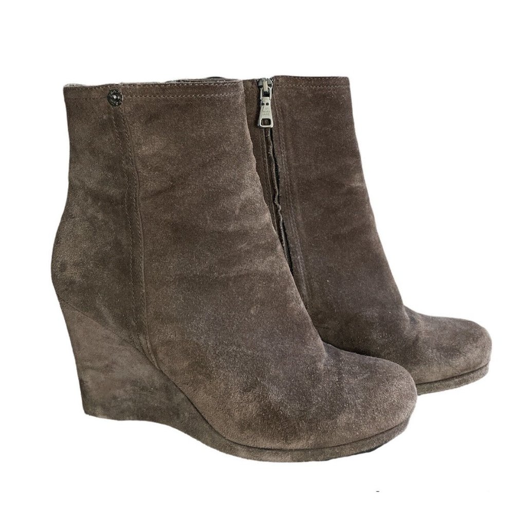 PRADA BROWN SUEDE WEDGE HEEL SIDE ZIPPER ANKLE BOOTS Sz 38.5M MADE IN ITALY‎ - Picture 2 of 4